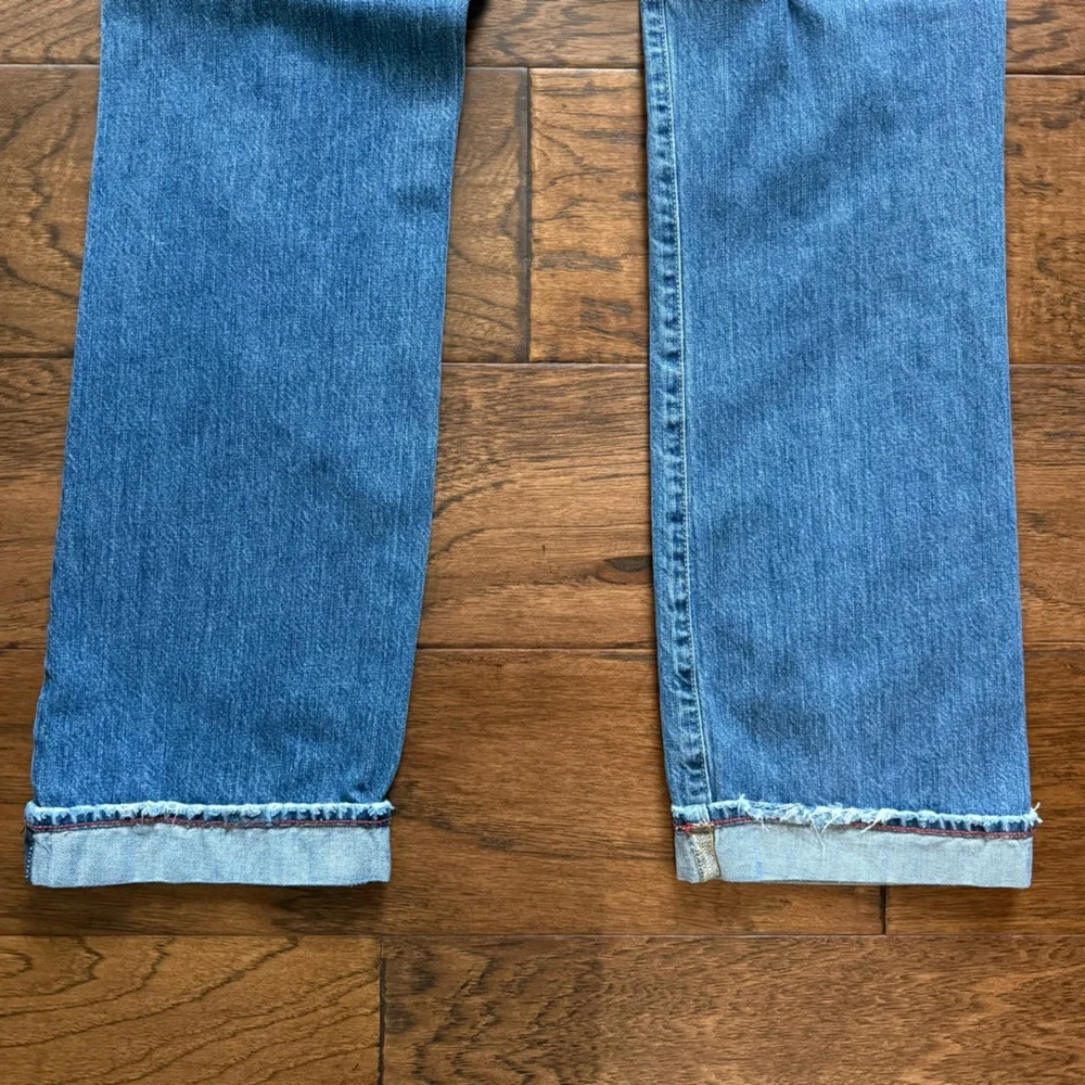 J Crew Vintage Rigid Denim Straight Leg Jeans Red Stitch Cuff Faded Indigo 31x27